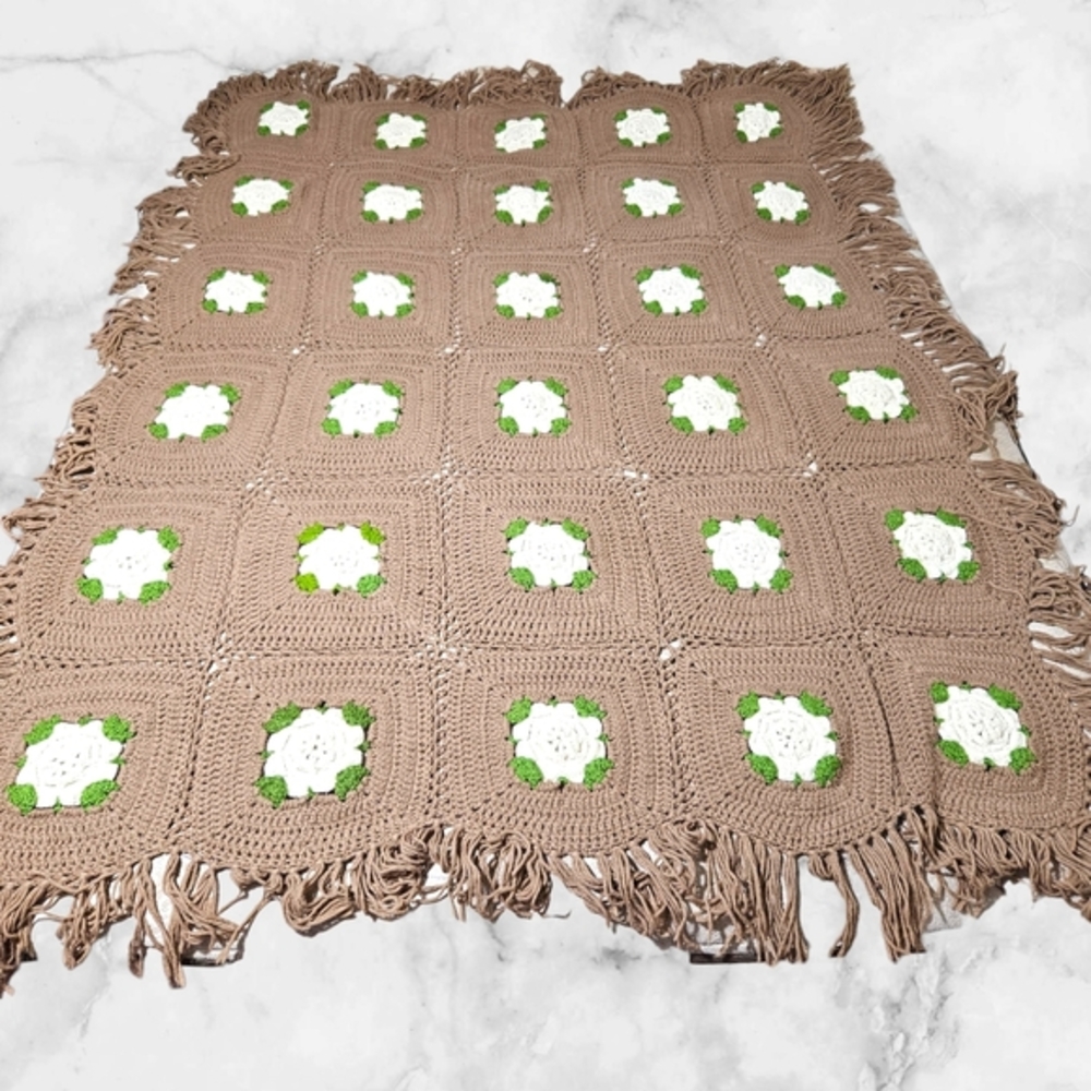 Vintage Crochet Granny Square Blanket Boho Afghan Throw W/ Fringe Flower 62"X52"